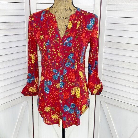 Maeve by Anthropologie Floral Pintuck Pleat Shirt Red XS - Picture 7 of 16